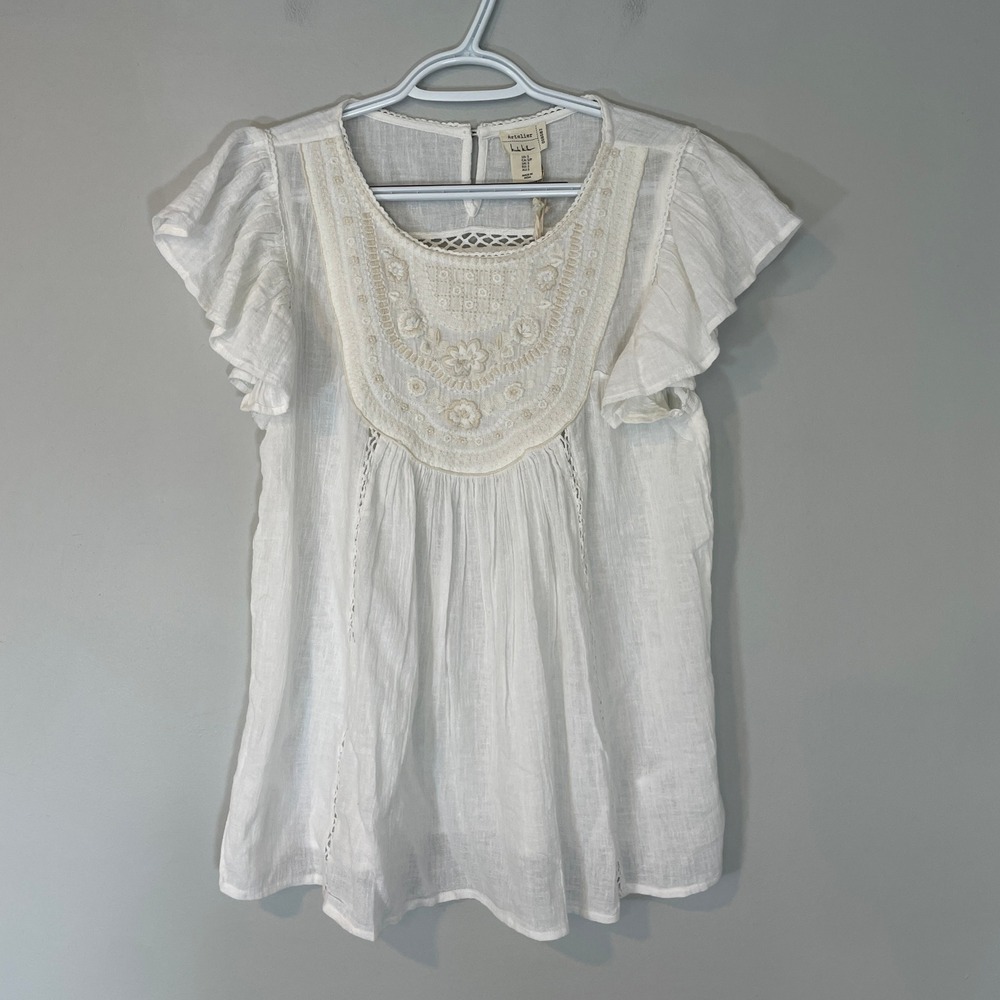 Artelier Nicole Miller White Cotton Embroidered Boho Flutter Sleeve Blouse S NWT